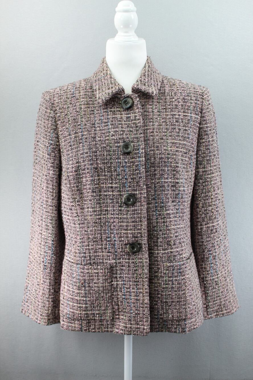 Tahari Arthur S Levine Tweed Wool Blazer Women's 12 Petite Detachable Flower Pin